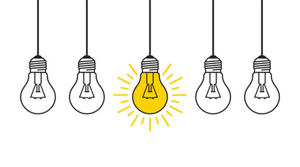 One bright yellow lightbulb glows among unlit bulbs representing new idea
