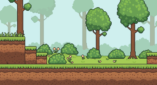 Cute 2D Pixel Art Forest Side Scrolling Game Level