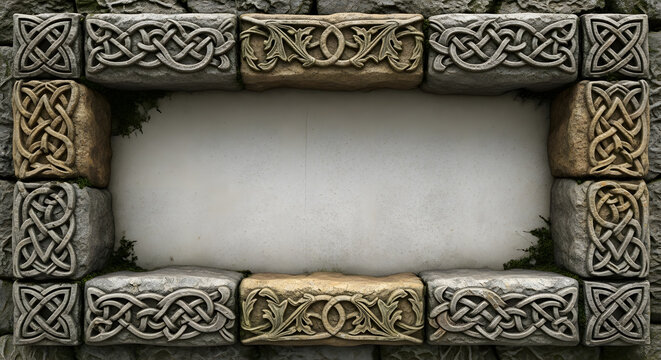 Decorative stone frame with ornate celtic patterns and leaves on individual blocks surrounding a blank center