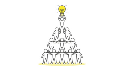 People human pyramid holding glowing light bulb showing teamwork and idea generation