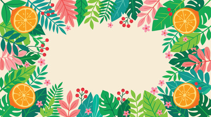 Bright Tropical Leaves and Orange Slices Framing a Cream Background