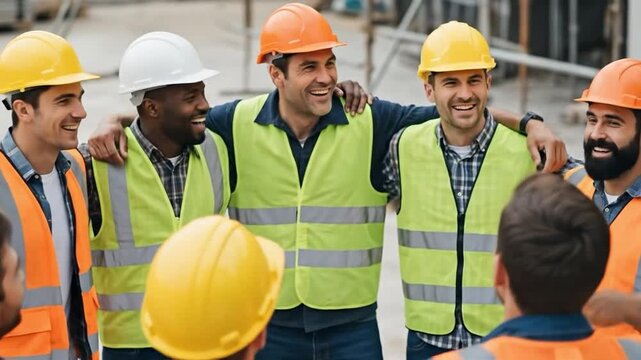 Diverse male construction workers in hard hats having a morning toolbox talk safety briefing