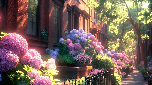 Vibrant Hydrangeas Line a Charming City Street in Bloom