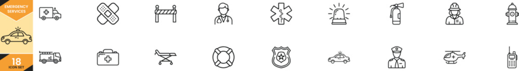 emergency services line icon set featuring ambulance, police car, firefighter, doctor, siren, stretcher, fire extinguisher, hydrant and rescue symbols. Ideal for healthcare, safety ©  Pixel iconsBox