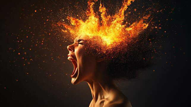 Surreal image of a woman screaming with her head exploding in flames, depicting concepts of stress, burnout, mental health issues, and information overload