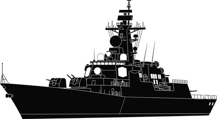 Vector illustration featuring a detailed black silhouette of a modern naval warship or guided-missile destroyer with antennas and radar for maritime defense themes. © MstMaher