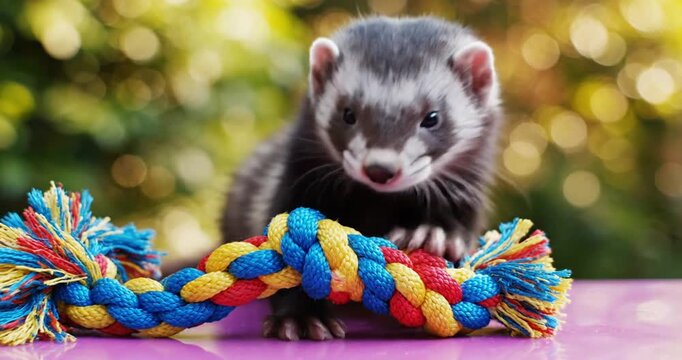 A playful ferret chewing on a colorful rope toy in a vibrant outdoor setting