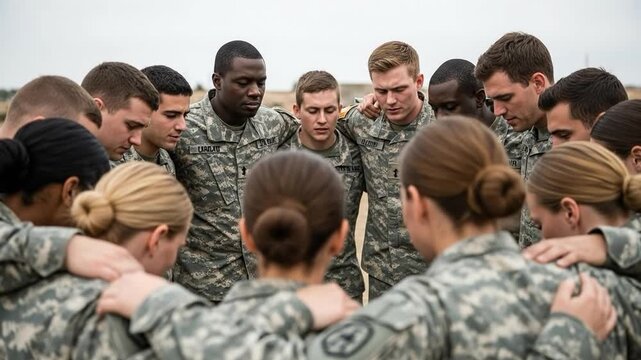 Multiethnic military unit in uniform huddling together for spiritual reflection and mental health support