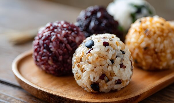 Large Japanese style round rice balls (Temari Onigiri), made of mixed grains and beans