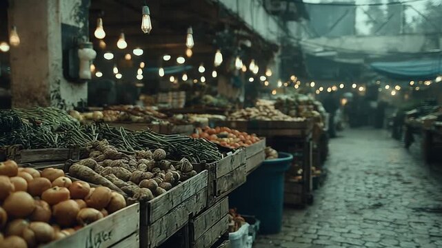 Vibrant market scene with fresh produce and lights