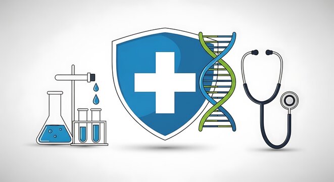 Medical Science and Healthcare Illustration with Shield, DNA, and Stethoscope.