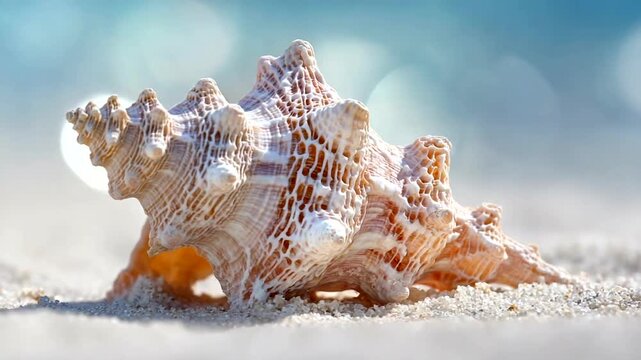 Large seashell resting on a sandy beach with soft bokeh background.