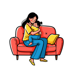 Mother hugging child on sofa at home in bold graphic vector illustration with warm mood 