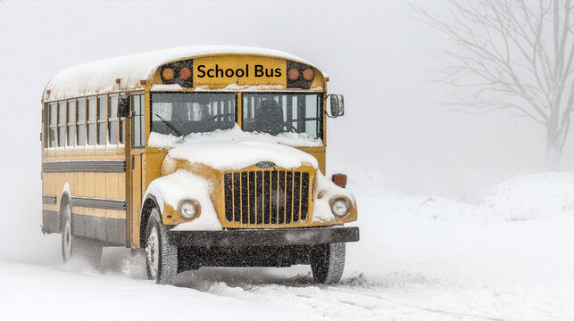 School Bus Driving Through Heavy Snowstorm on Winter Morning ~ Created using Generative AI
