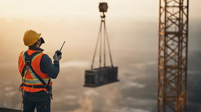 Male construction supervisor in safety gear using radio to coordinate crane lift at sunset