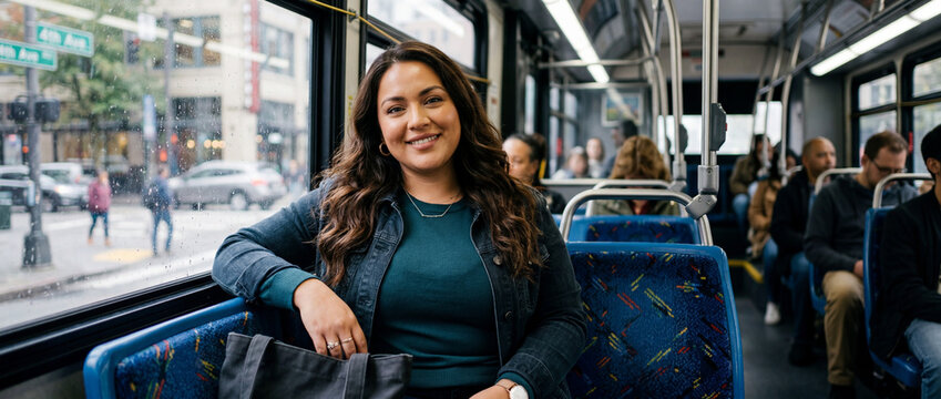Sustainable urban lifestyle: Professional woman taking a bus during morning commute