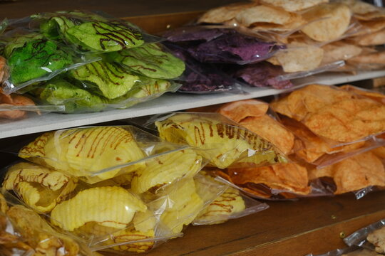 Colorful Balinese Vegetable Chips Krupuk in Transparent Plastic Bags