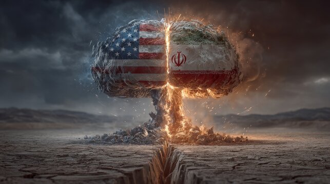 Tension unleashed usa and iran flags torn apart by nuclear symbol global impact dramatic scene