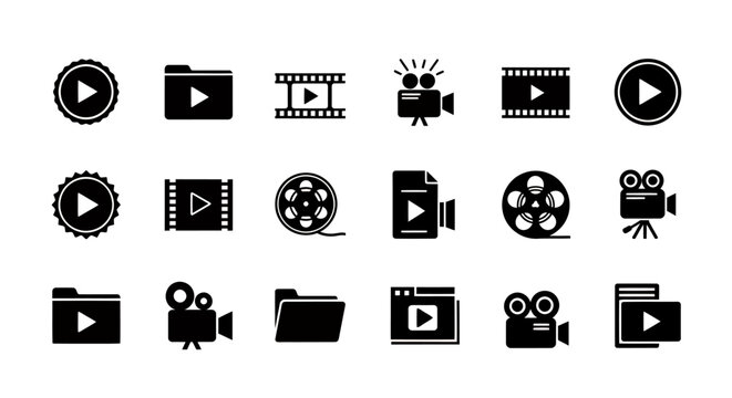 Collection of black circular video icons and film symbols arranged in a grid.