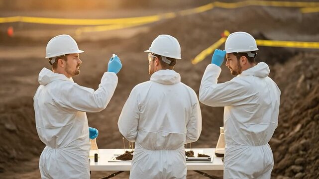 Three male environmental scientists in white hazmat suits testing soil at an excavation site