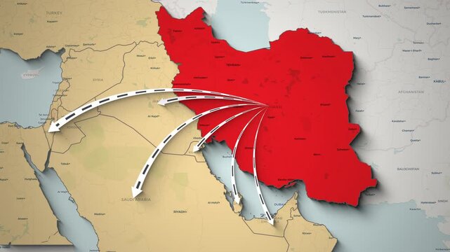 Iran's geopolitical influence is depicted with arrows across the Middle East map