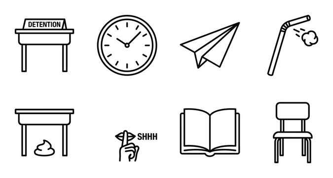 Bad student behaviour at school funny educational situations line art icons set vector
