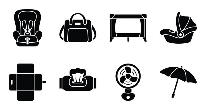 Collection of baby related vector flat illustration in simple silhouette style