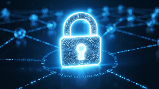 Digital security and network protection with a glowing padlock icon symbolizing data privacy and cybersecurity