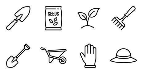 Gardening icons set featuring essential tools and symbols for cultivating plants and growing © GoDesigner