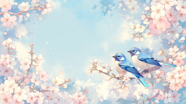 春の青空の下で満開の桜と小鳥が並ぶ癒しの水彩イラスト、舞い散る花びらと繊細な枝ぶり、自然風景、季節、野鳥、花見、入学、卒業、新生活を連想させるロマンチックな背景、動画サムネイルや広告素材向け