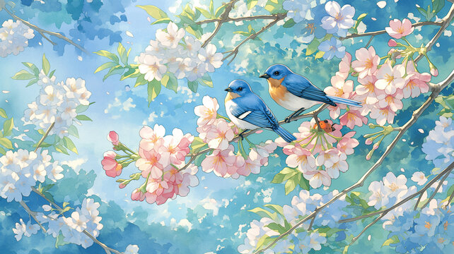 満開の桜の枝にとまる二羽の小鳥を描いた春の風景水彩イラスト、花びら舞う空とやさしい光の構図、自然、季節、野鳥、花見、入学、卒業、出会いの季節を表現、動画背景や配信素材にも使える高品質デザイン