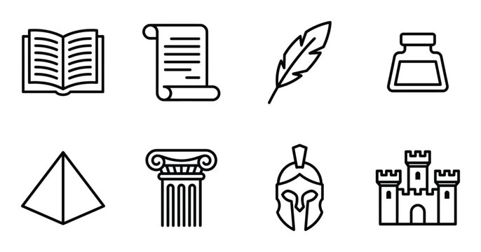 History icons set with open book scroll feather quill inkwell pyramid column helmet and castle art