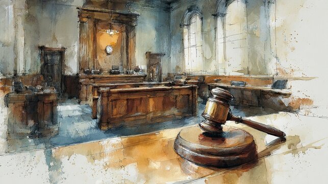 A watercolor painting of an empty courtroom featuring wooden benches, a judge's bench, and a gavel in the foreground, illuminated by natural light from arched windows.