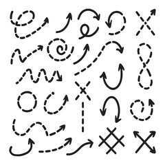 Obraz premium Dashed arrow set with black hand drawn elements including swirls curves loops and crosses