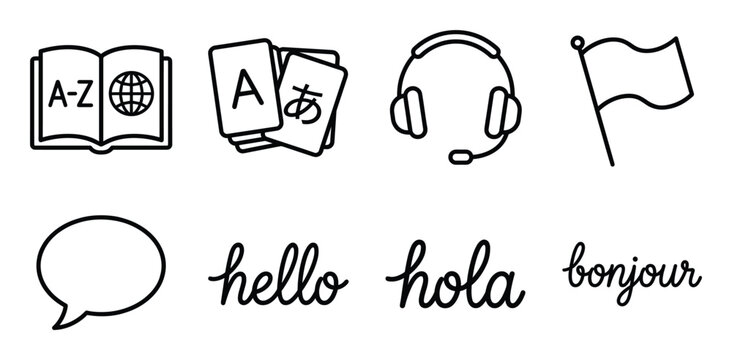 Language learning icons for translation services communication and education across global boundaries