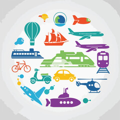 Naklejka premium Colorful travel icons arranged in a circle. Diverse modes of transit