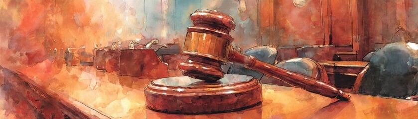 A watercolor painting of a courtroom scene focusing on a judge's gavel resting on the bench.