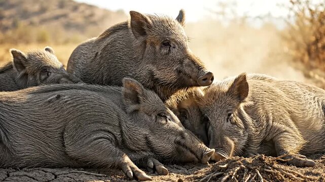 Wild Boar Family Resting Together Outdoors.