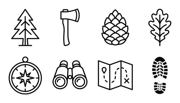 Outdoor hiking icon set featuring pine tree axe cone leaf compass binoculars paper map and footprint