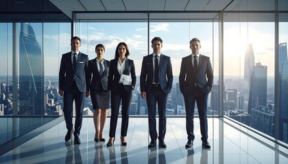 Fototapeta premium A diverse team of professionals in business attire strides confidently forward in front of a panoramic cityscape