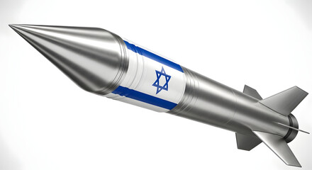 A powerful, sleek rocket featuring the Israeli flag launches, trailing bright exhaust against a clean white background, symbolizing defense and advanced technology.