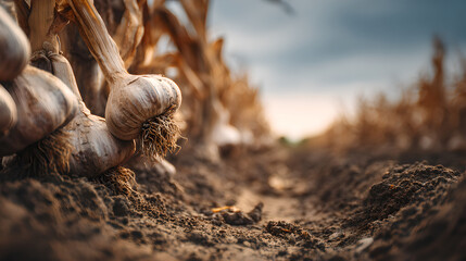 Obraz premium Fresh Garlic Bulbs Growing in Rows Within a Large Plantation Field 