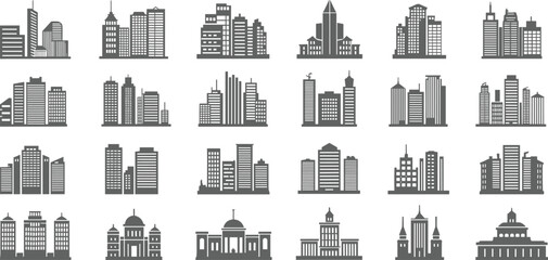 Silhouette building icons collection, skyscrapers, office towers, government domes, apartment blocks illustration, urban architecture vector art, black and white design © MSTMISLA