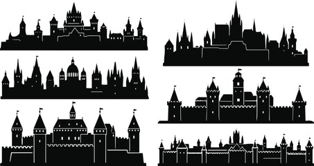 Silhouette castle illustrations with towers, turrets, battlements, flags, medieval and fantasy architecture collection of six creative historic design figures © MSTMISLA