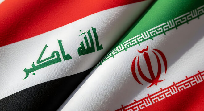 Close-up of the national flags of Iraq and Iran intertwined, representing their historical and contemporary regional relationship.