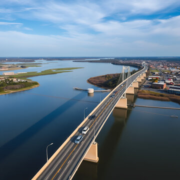 Aerial drone video of a bridge crossing the Mississippi River between Illinois and Iowa near quad cities of Davenport and Moline with cars crossing over the bridge as the drone flies towards it.