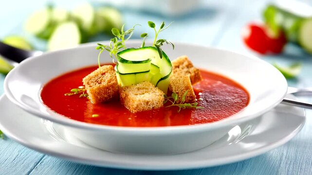 Delicious Tomato Soup with Croutons and Cucumber Garnish.