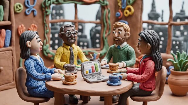 Colorful clay models of a diverse group of professionals engaged in a meeting at a table with coffee cups and a laptop displaying graphs