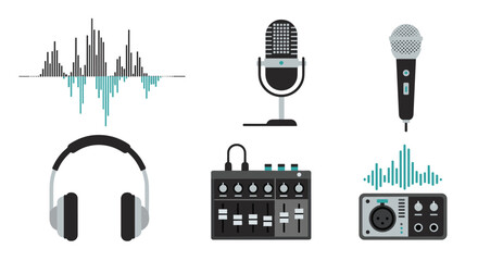 A collection of audio equipment and sound wave graphics, Generative AI. © kazi