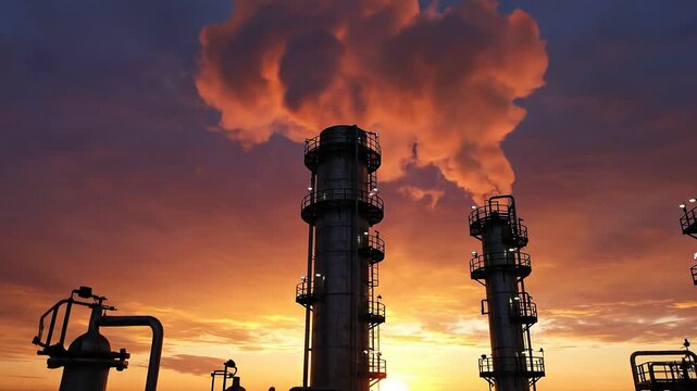 Silhouette of refinery towers releasing steam against a vibrant sunset sky with deep orange and purple hues